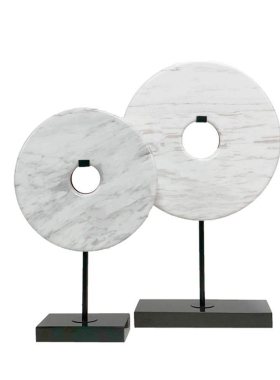 现代简约新中式圆形玉璧大理石纹摆件样板M房间售楼处玄关软装饰