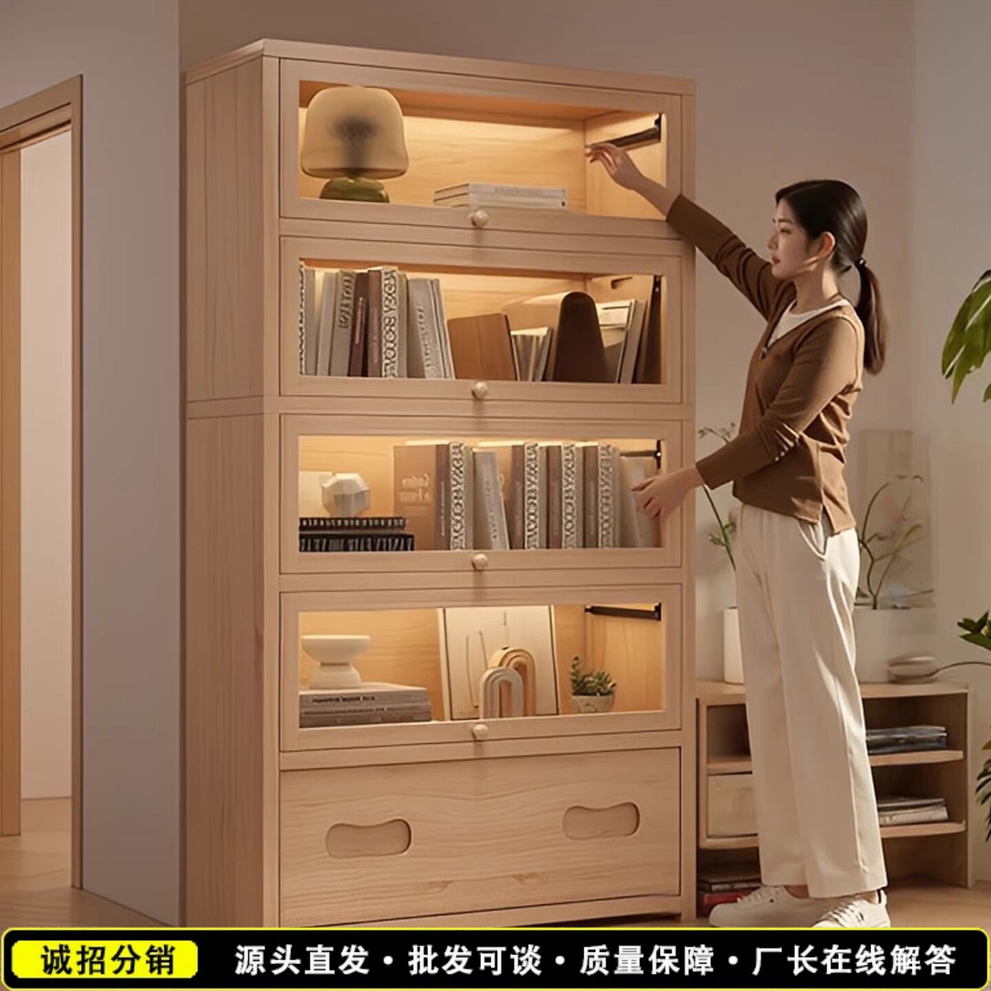家用实木书柜客厅落地一体靠墙书架大容量防尘收纳柜小户型储物柜