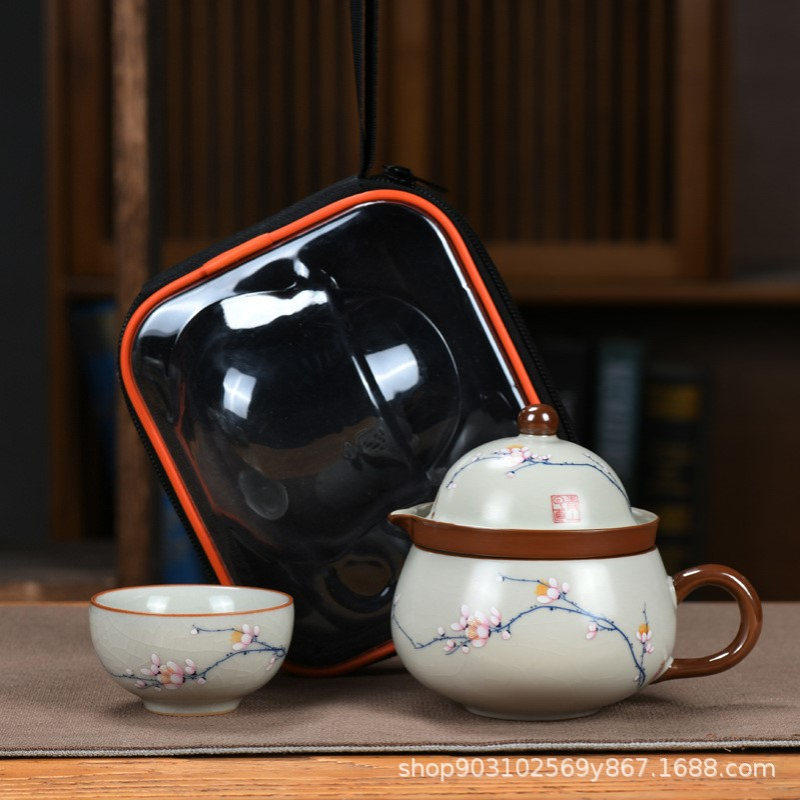 陶瓷汝窑茶水分离杯企鹅旅行茶具套装便携式快客杯一壶两杯可