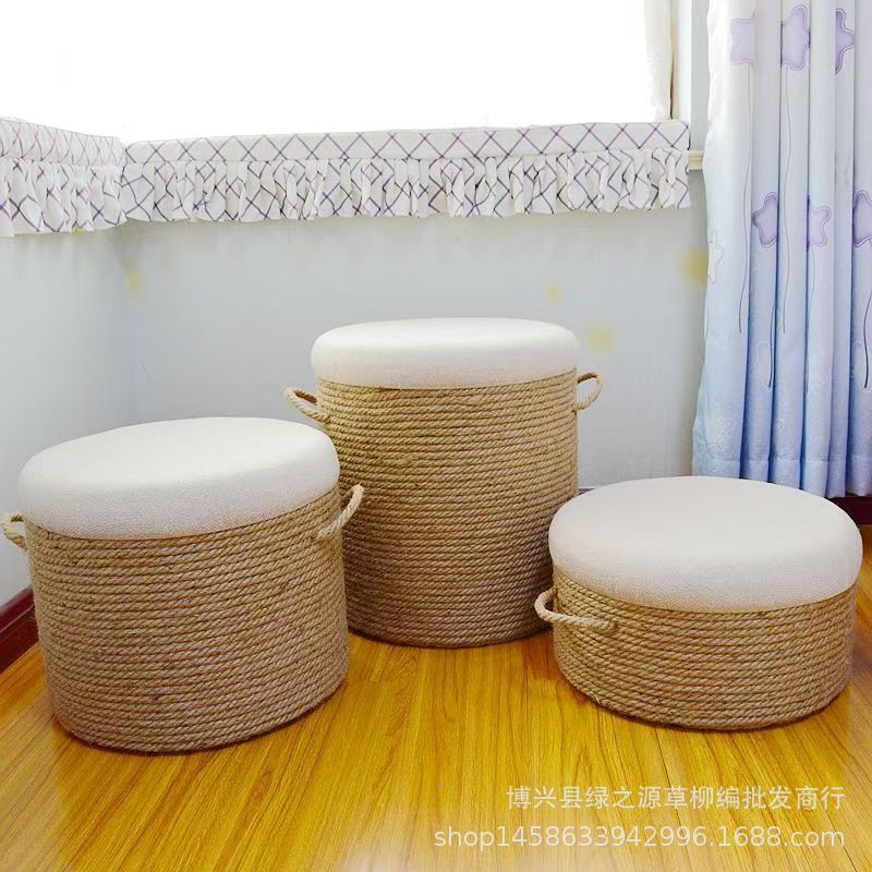 麻绳蒲团坐垫坐墩手工麻布坐凳圆凳矮凳墩子实木框架儿童客厅凳子