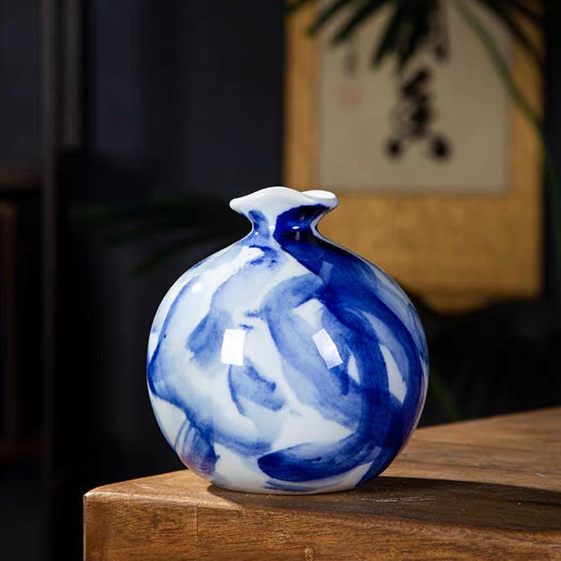 中式青花瓷陶瓷花瓶民宿酒店复古客厅插花花器玄关摆件小石榴瓶
