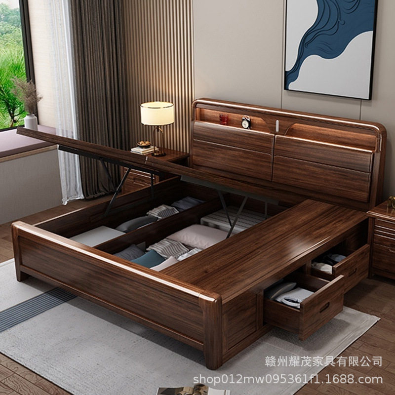 实木床热销榜1米5胡桃木榫卯结构180x200带床垫感应灯储物双人床