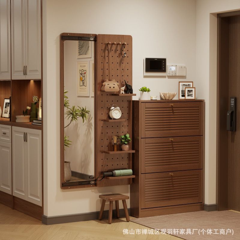 实木鞋柜翻斗超薄穿衣镜组合贴墙家用门口玄关入户收纳小户型简约