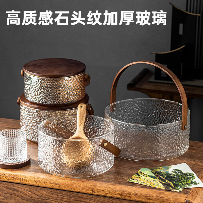 玻璃冰果桶手提水果篮冰桶圆形提篮快乐果盘水果盆茶桶容器便携