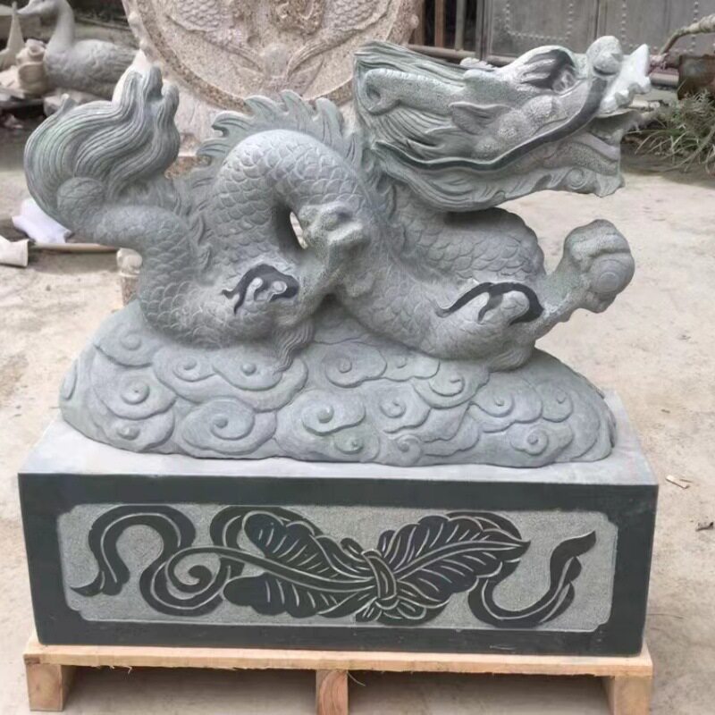 青石石雕喷水龙 石头芝麻黑吉祥二龙戏珠石头龙 庭院会所石龙摆件