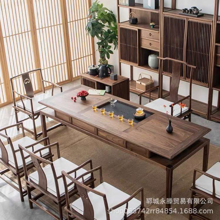 新中式茶台家用客厅泡茶办公一体大板茶桌现代简约原木桌椅组