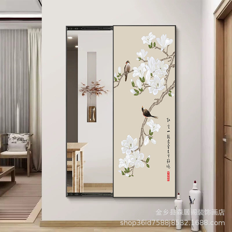 喜上眉梢推拉穿衣镜装饰画隐藏式新中式风暗藏式穿衣全身镜化妆镜