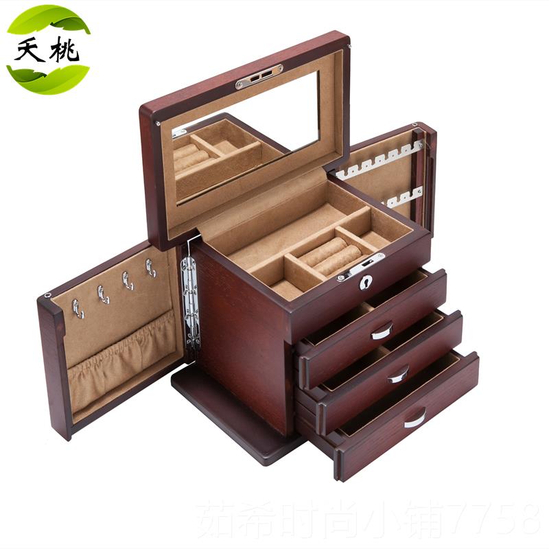 新款夭桃（饰品）古风水曲柳木多层饰盒珠宝纳收收藏盒箱带首质锁