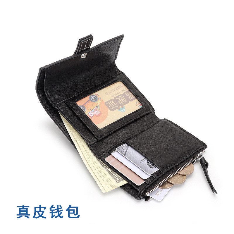 女士钱包全真皮短款三折钱夹新款大容量拉链零钱袋时尚撞色小手包