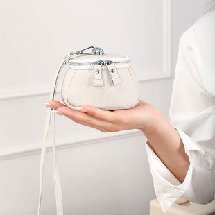 新款双拉链真皮挂脖零钱包女三角形头层牛皮硬币包学生耳机收纳包