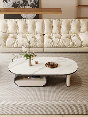 现代轻奢简约椭圆形岩板奶油风茶几电视柜带抽屉客厅家用创意茶桌