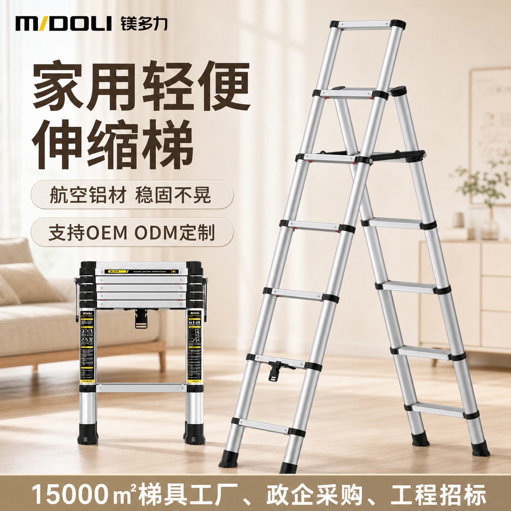 镁多力家用伸缩梯子铝合金人字梯加厚折叠梯升降楼梯铝合金加宽