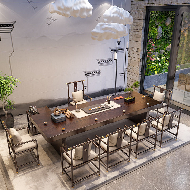 新中式大板实木茶桌办公室酒店黑檀色茶台家用客厅泡茶桌椅组合