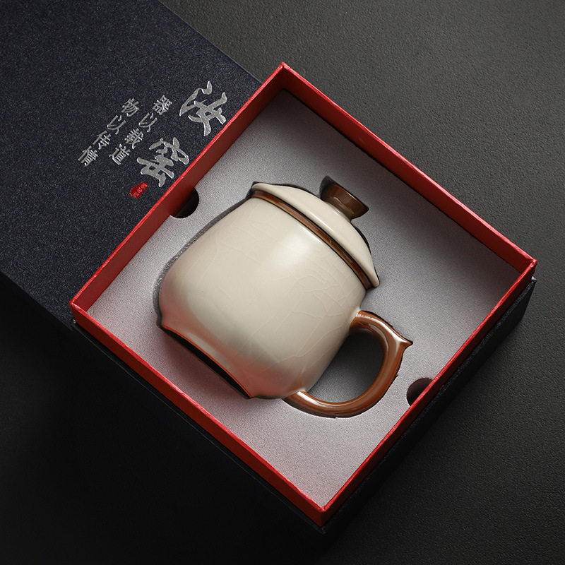 高档黄汝窑茶杯办公杯茶水分离泡茶杯男士个人专用陶瓷过滤杯子大