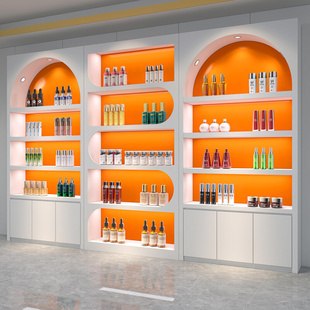 化妆品展示柜美容院理发美甲店货架子简约橙色烤漆护肤产品陈列柜