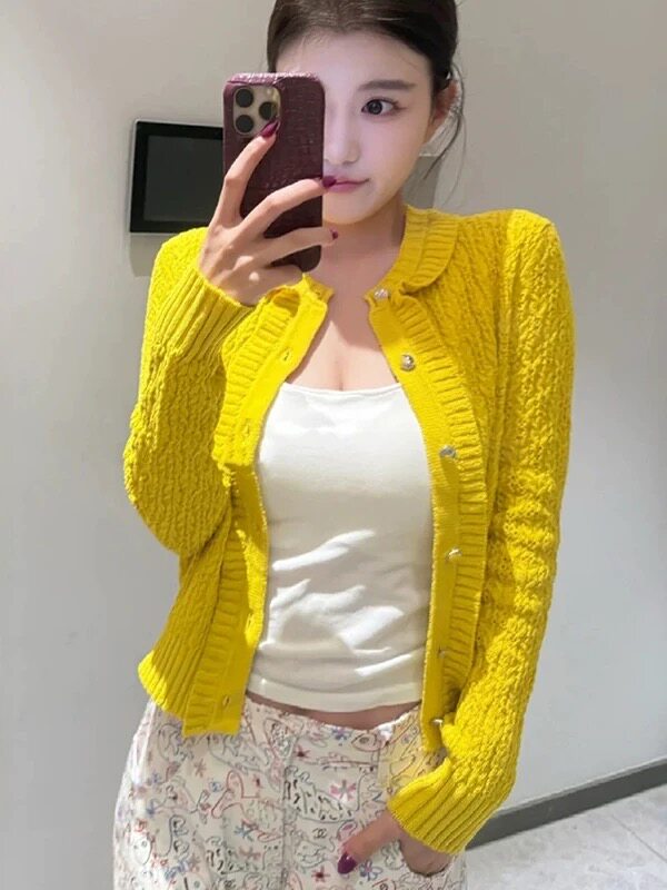 小香秀款~针织开衫外套女ins风短款木耳边镂空圆领长袖上衣