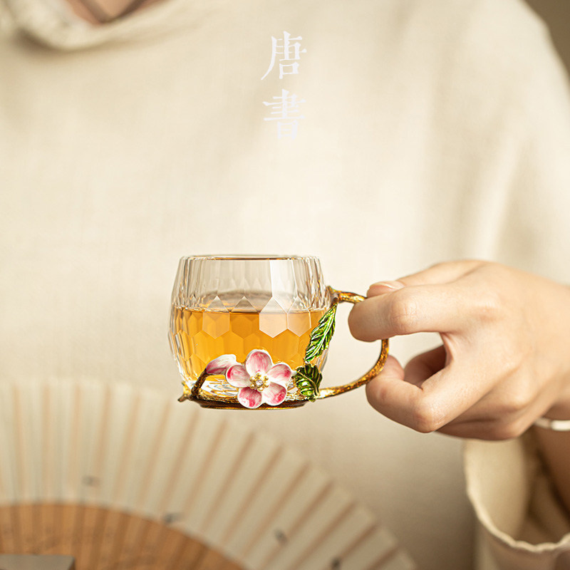 珐瑯彩花茶杯家用玻璃杯下午茶水杯轻奢水晶杯耐高温轻奢女士杯子