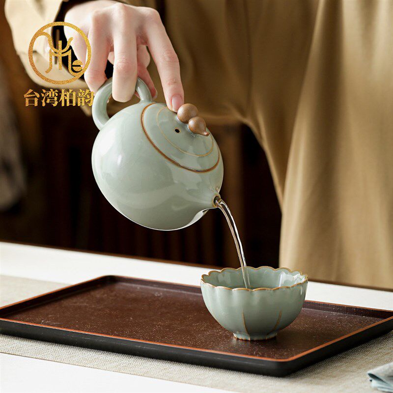 台湾柏韵汝窑茶具套装家用一壶三杯高档陶瓷冰裂纹功夫茶具礼盒装