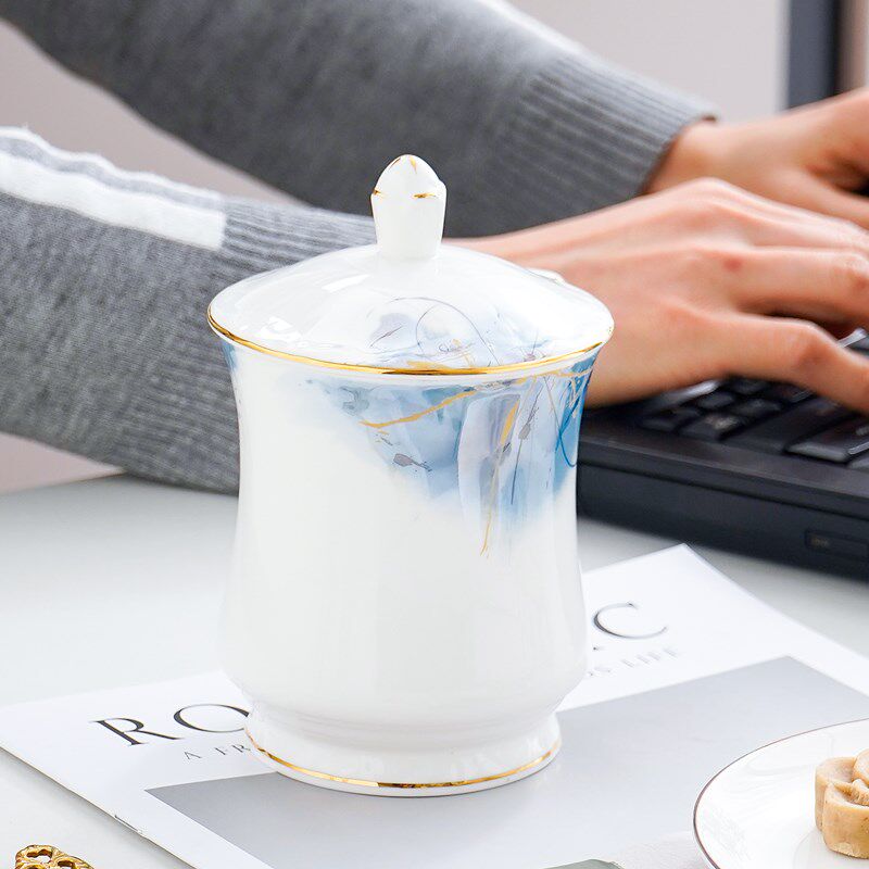 轻奢骨质瓷办公杯茶杯家用带盖水杯待客杯陶瓷会议杯商用定制瓷杯