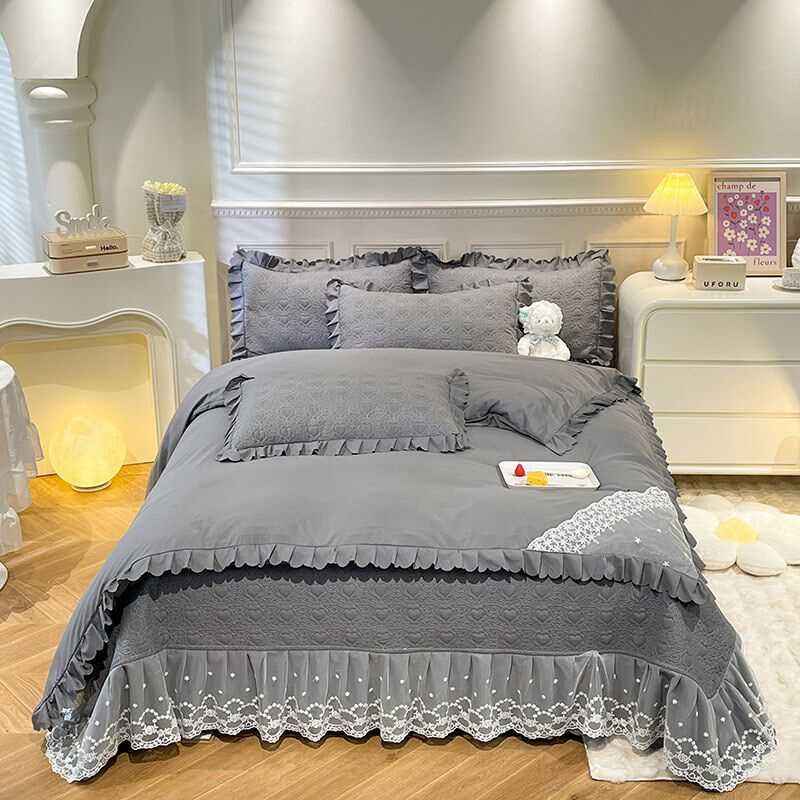 韩式公主风床盖四件套夹棉蕾丝花边床裙款纯色厚床单被套床上用品