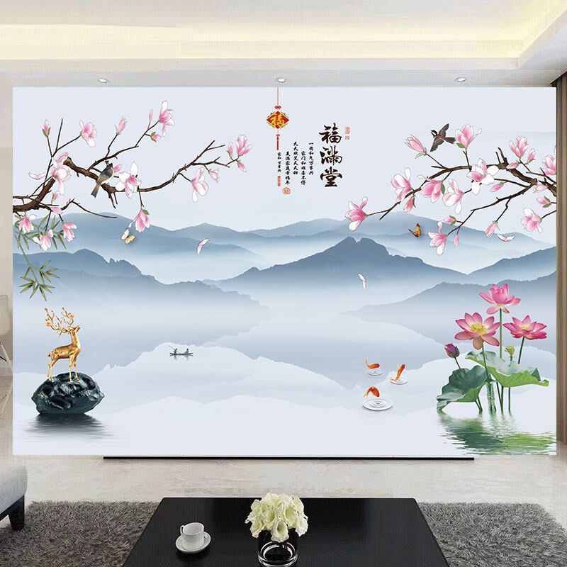 2026新款电视背景墙新中式山水画自粘贴画客厅沙发装饰画壁纸墙画
