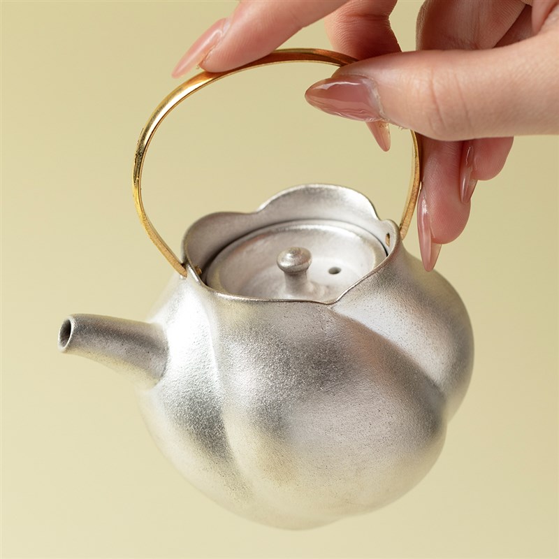无落 手工鎏银提梁壶日式铜把手泡茶壶功夫茶具粗陶球孔过滤单壶