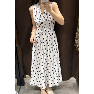 ZA 欧美外贸复古黑白波点优雅收腰系带府绸无袖迷笛连衣裙7624423