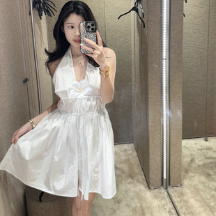 2025女装夏款绝美仙女裙白色V领露背挂脖连体裤式连衣裙3152384