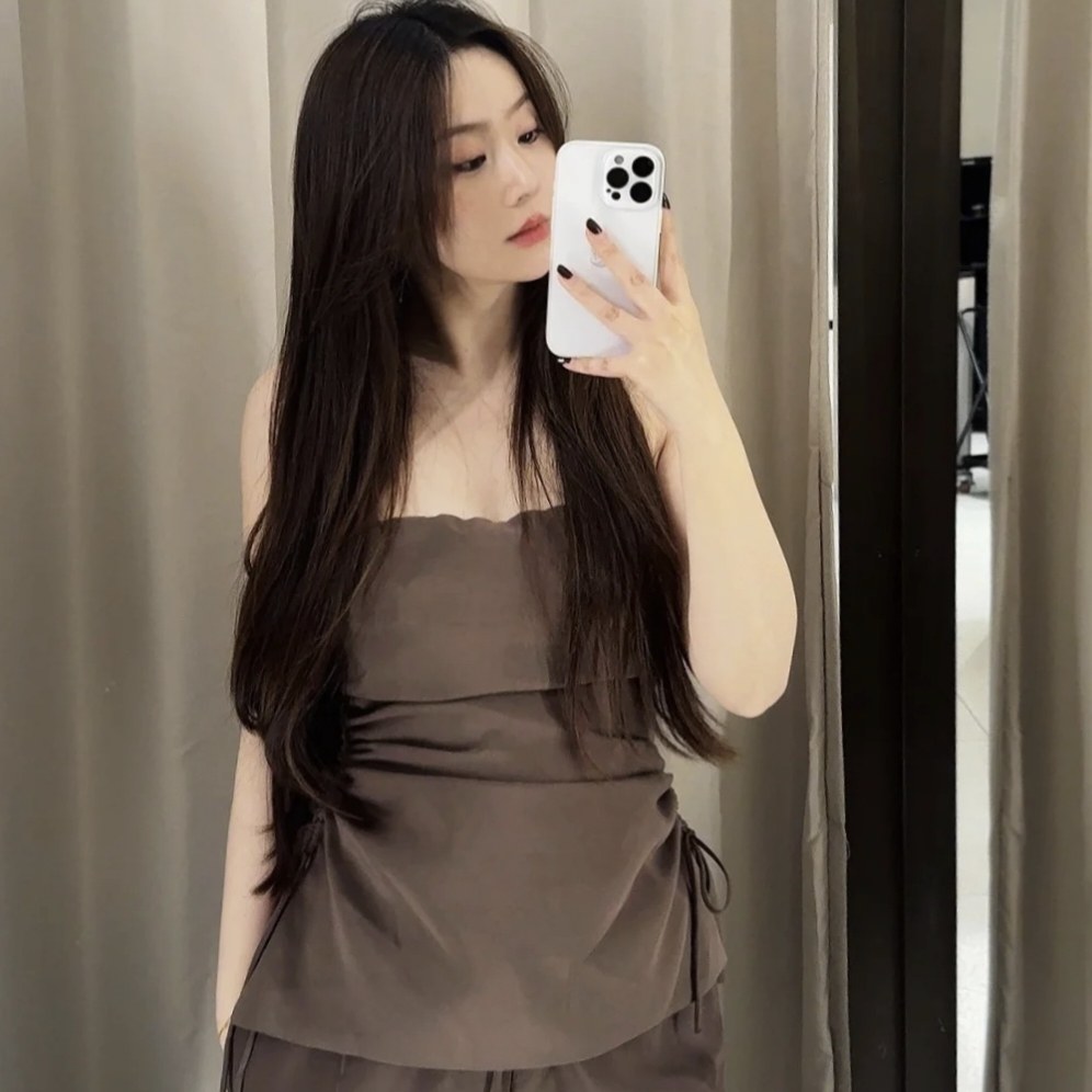 2025年女装春款美式复古抽绳褶皱垂性露肩直领抹胸上衣 4661043,女装/女士精品,抹胸,淘宝优惠券,粉丝福利购,淘宝优惠卷