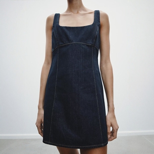 春款 6929085 修身 方领宽肩带短牛仔连衣裙 443 显瘦无袖 2025年女装