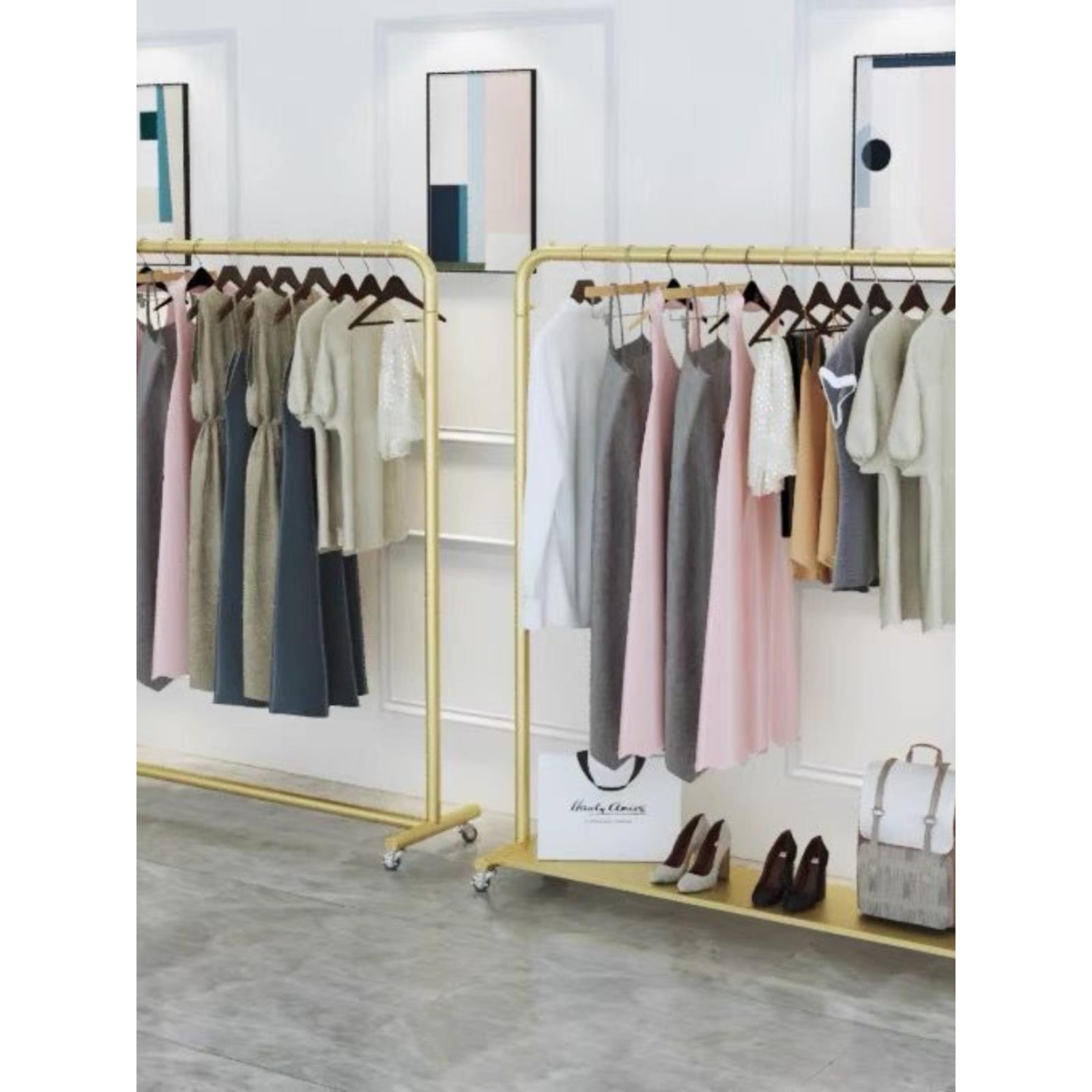 组合落地式轮子衣服货架带服装店展示架带挂衣架中岛架板双排女装
