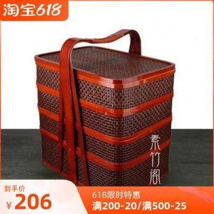 送饭篮子手提多层竹编提篮复古带盖拜拜篮藤食盒家用收纳篮野餐蓝