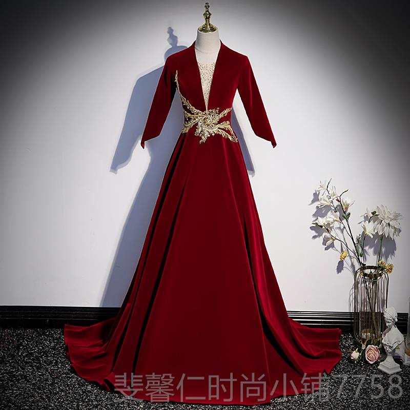 新品墨声色晚礼服女年主会持绿人大气高级感丝绒演出服美声独唱乐图片
