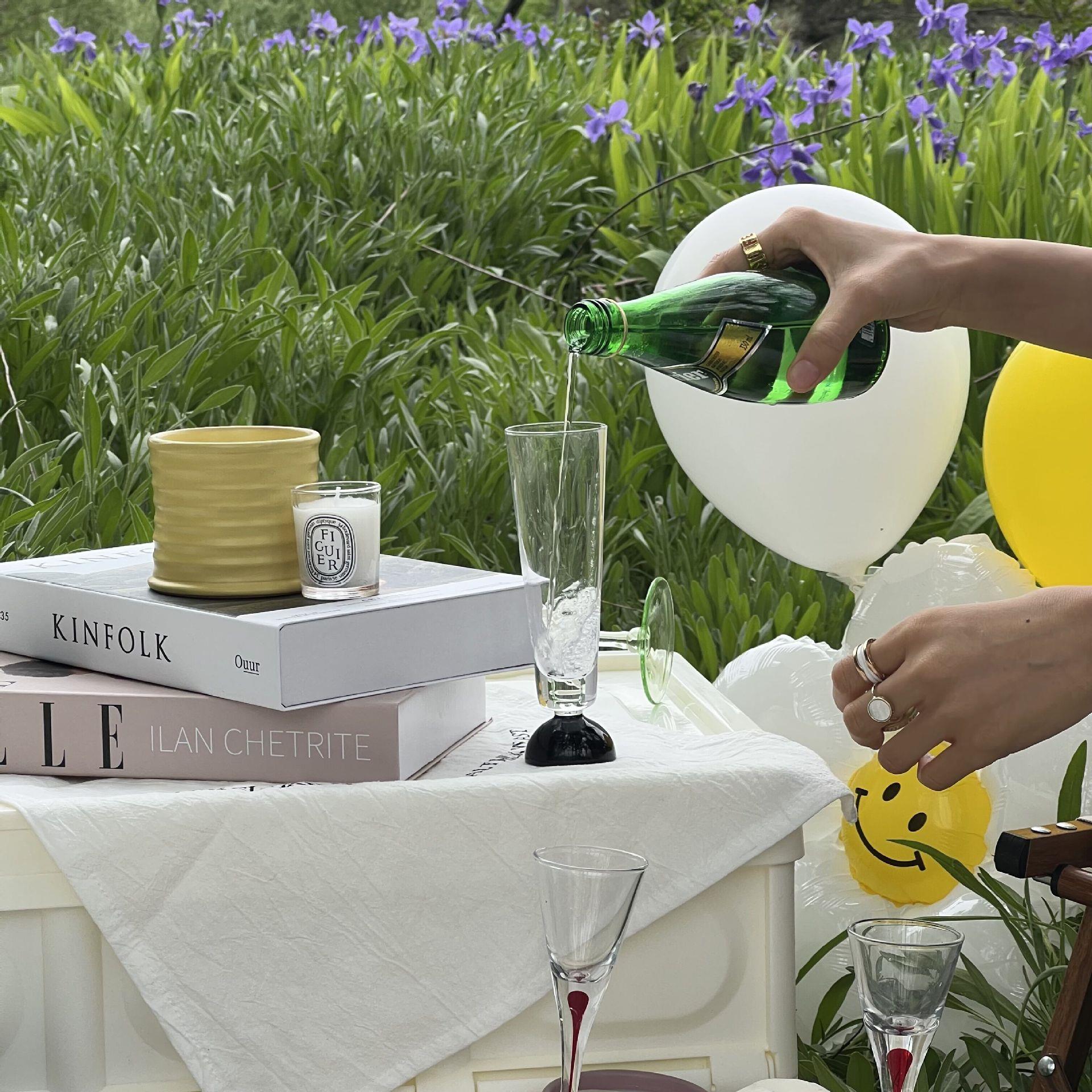 ins中古法式复古黑色珠子玻璃高脚杯笛形香槟杯起泡酒杯甜酒杯