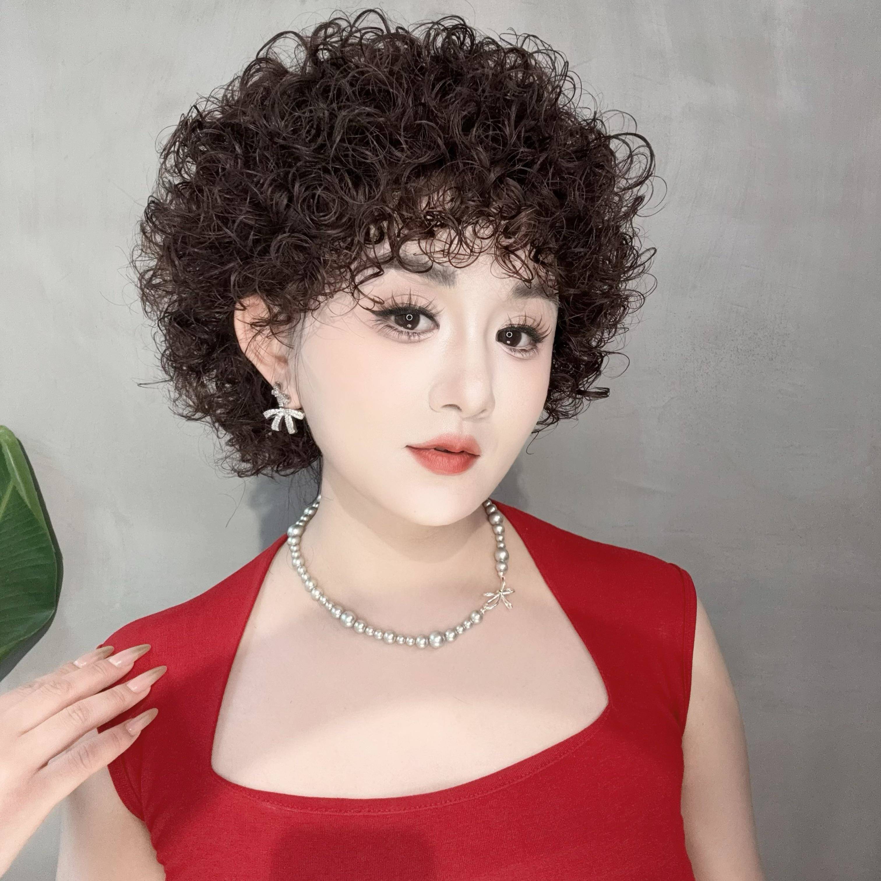 发发发女短卷斜丝刘海VCY毛松真减假人发女假整羊顶卷士蓬套盖白