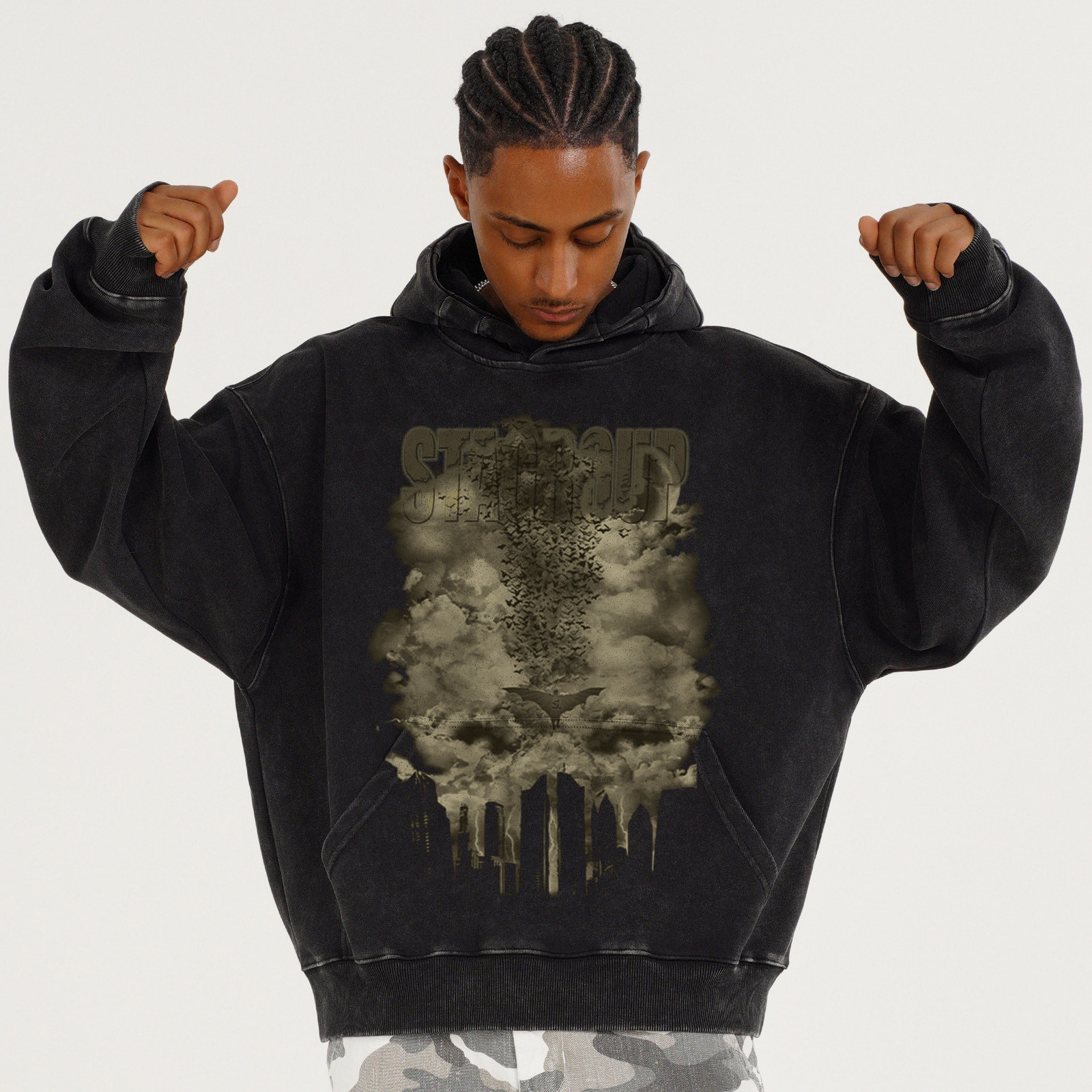 STA美式复古重磅城市蝙蝠街头宽松秋冬潮牌男女水洗连帽卫衣,男装,卫衣,淘宝优惠券,粉丝福利购,淘宝优惠卷