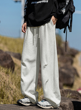 STA潮牌花灰色宽松阔腿休闲裤男士弯刀裤垂感长裤街头百搭卫裤