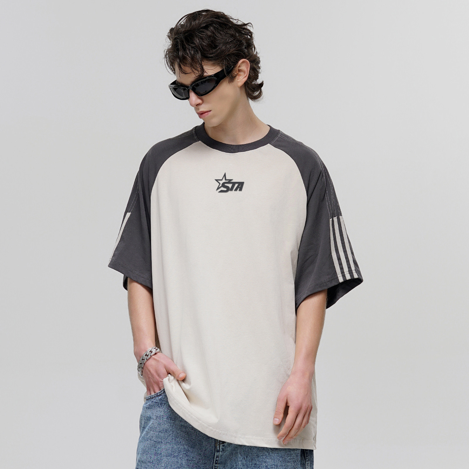 STA国潮牌插肩条纹短袖男款