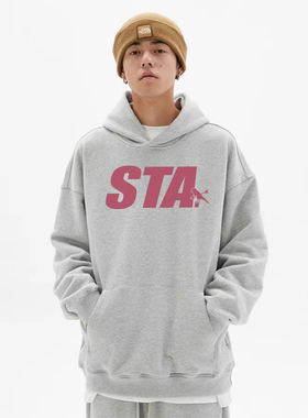 STA复古字母印花灰色连帽卫衣男女秋冬宽松加绒街头套头上衣帽衫