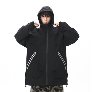 STA秋冬复古工装 连帽夹克男宽松拉链口袋户外机能防风外套黑色