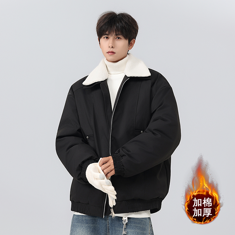 STA复古毛领棉衣男士黑色外套