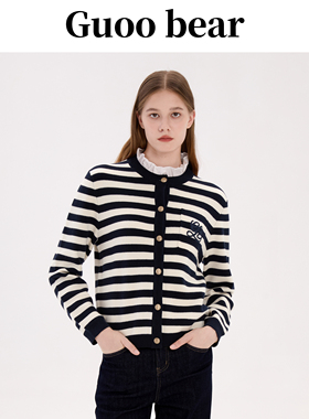 GUOOBEAR古家小熊女装毛针织衫2025秋新款宽松舒适假两件条纹开衫