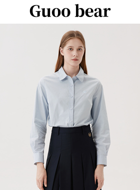 GUOOBEAR古家小熊刺绣蓝色纯棉衬衫2025新款内搭叠穿宽松显瘦上衣