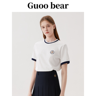 GUOOBEAR古家小熊假两件T恤女2025夏季 上衣 新款 宽松休闲圆领短袖