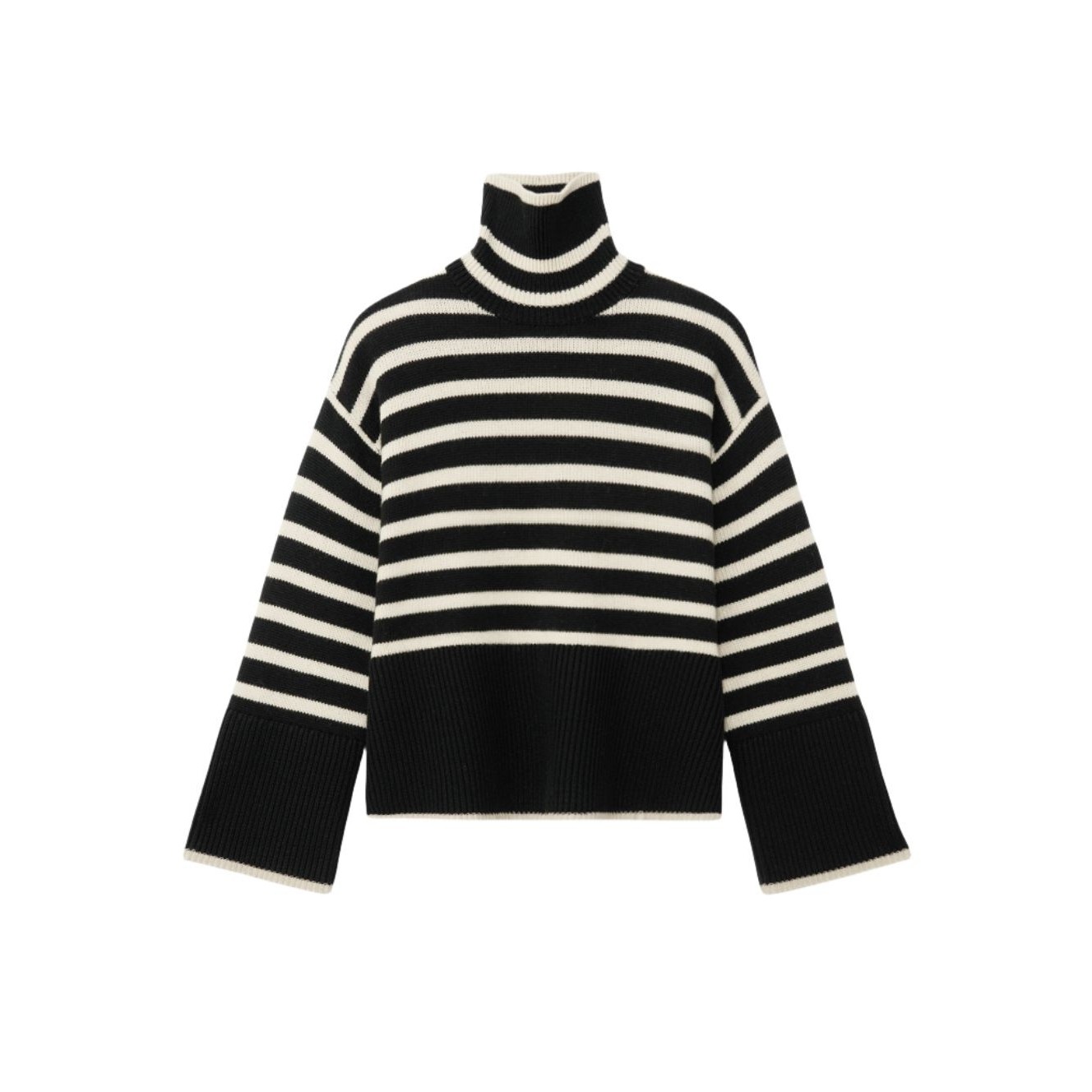 高领黑白条纹毛衣女针织衫宽松套头上衣春秋遮肉网红内搭开叉撞色,女装/女士精品,羊绒衫,淘宝优惠券,粉丝福利购,淘宝优惠卷
