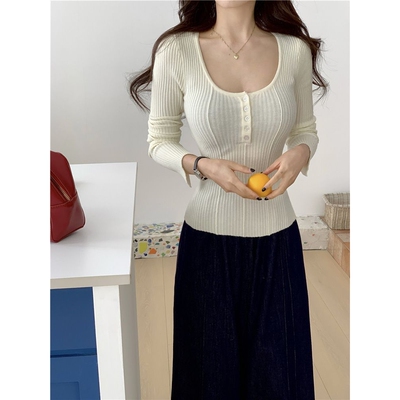 8172白色莫代尔针织衫性感方领半开胸收腰显瘦开叉不规则弹力上衣