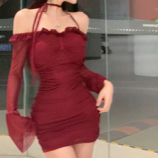 微胖纯欲性感网纱连衣裙女一字肩收腰显瘦喇叭长袖包臀裙