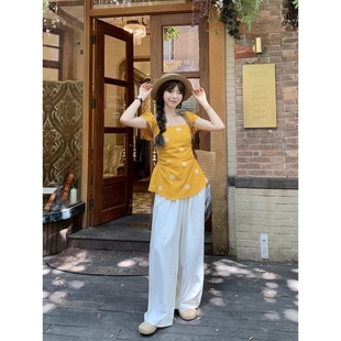 套装 大码 宽松阔腿裤 胖mm度假风刺绣小飞袖 女 纯欲甜美收腰小衫