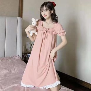公主风夏季短袖睡裙女花边蕾丝一字领纯色宽松微商直播跨境家居服