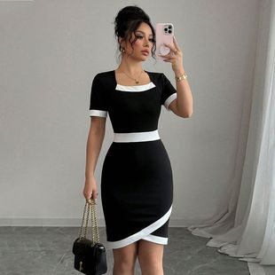 亚马逊跨境欧美法式轻奢风知性连衣裙夏季小香设计感气质高腰中裙